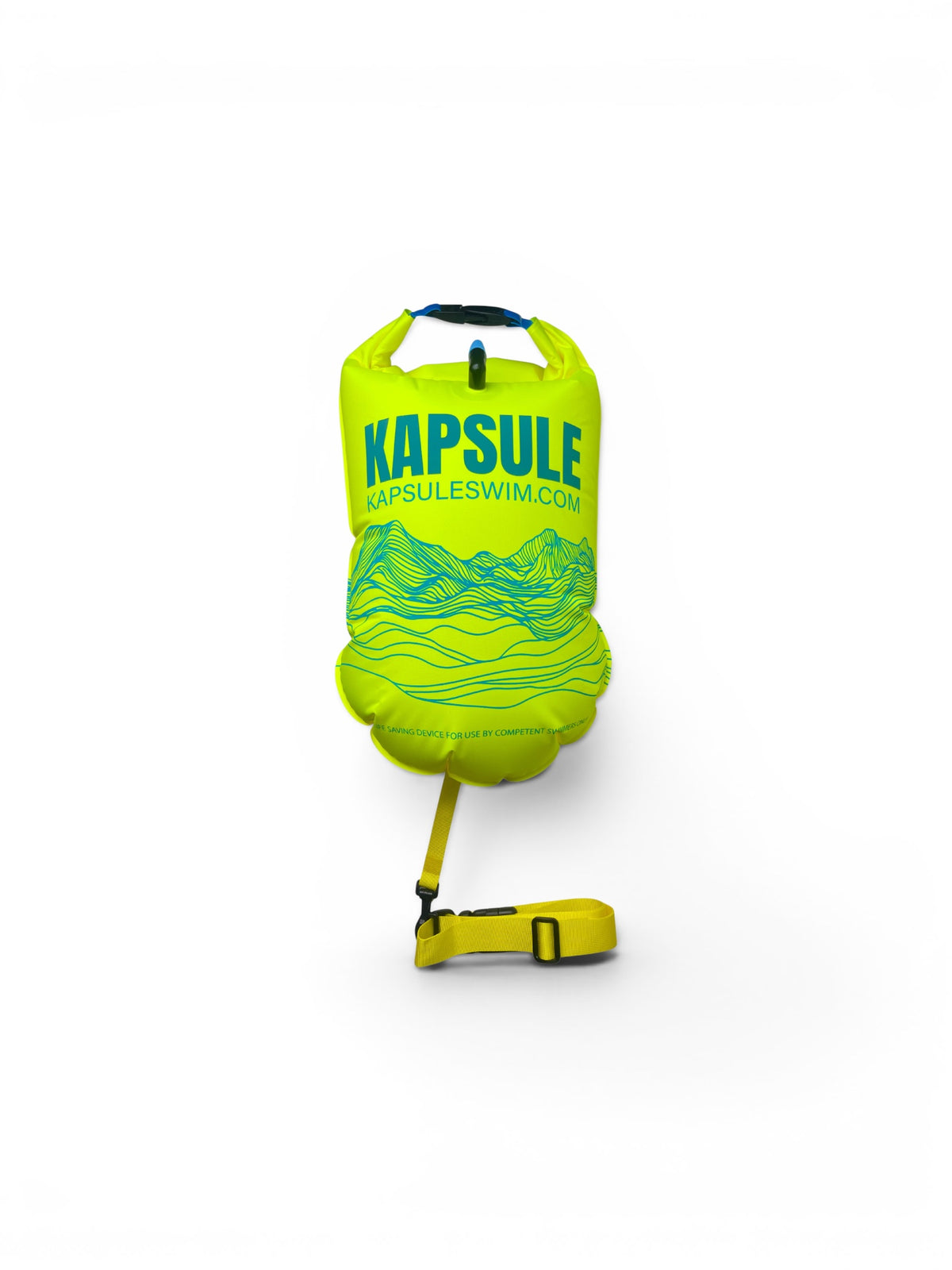 KAPSULE Kai 20L inflatable open water swim buoy in neon yellow, polyether TPU safety float
