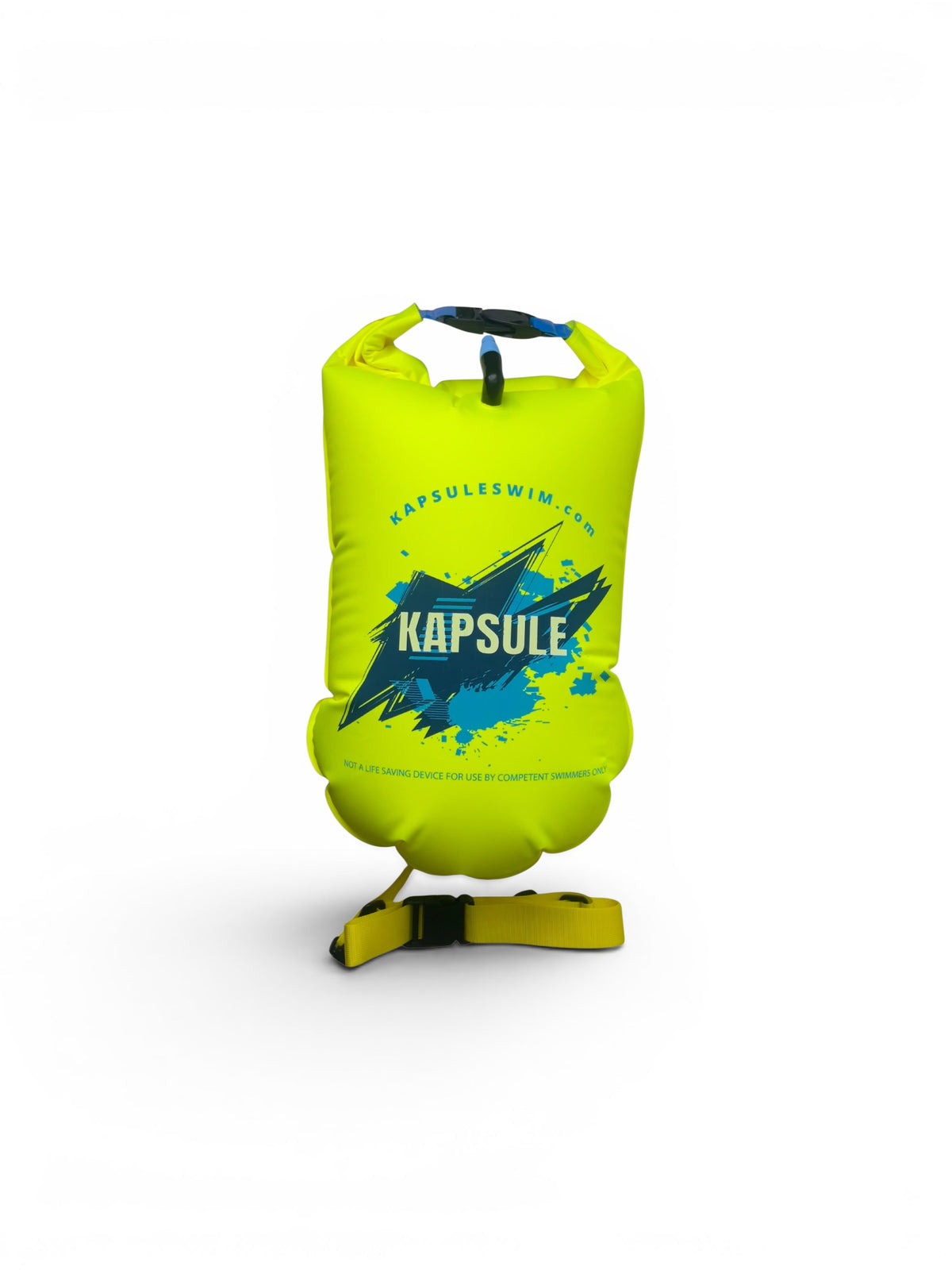 KAPSULE Bolt 20L inflatable open water swim buoy in neon yellow, polyether TPU safety float